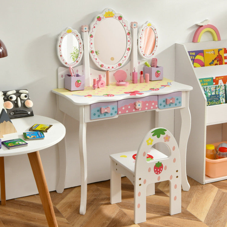 Kids Vanity Princess Makeup Dressing Table Chair Set with Tri-fold Mirror and Drawers