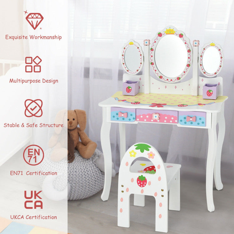 Kids Vanity Princess Makeup Dressing Table Chair Set with Tri-fold Mirror and Drawers