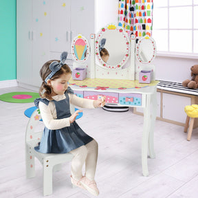 Kids Vanity Princess Makeup Dressing Table Chair Set with Tri-fold Mirror and Drawers