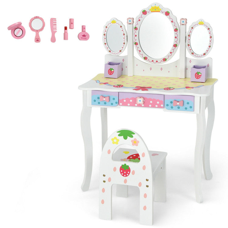 Kids Vanity Princess Makeup Dressing Table Chair Set with Tri-fold Mirror and Drawers