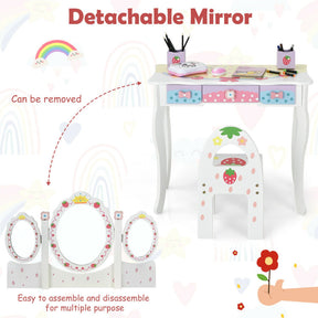 Kids Vanity Princess Makeup Dressing Table Chair Set with Tri-fold Mirror and Drawers