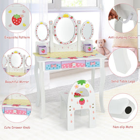 Kids Vanity Princess Makeup Dressing Table Chair Set with Tri-fold Mirror and Drawers