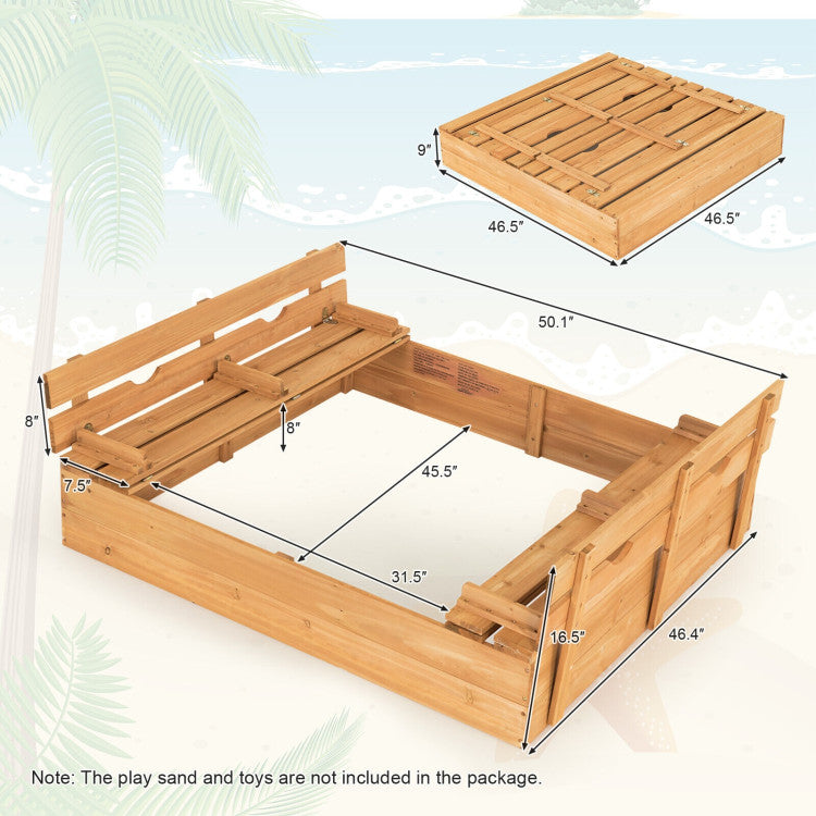 Kids Wooden Sandbox with 2 Foldable Bench Seats and Convertible Cover