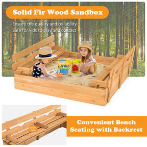 Kids Wooden Sandbox with 2 Foldable Bench Seats and Convertible Cover