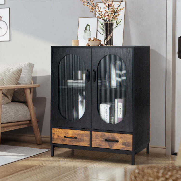 Kitchen Industrial Sideboard Buffet Cabinet with Tempered Glass Doors and Drawers