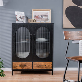 Kitchen Industrial Sideboard Buffet Cabinet with Tempered Glass Doors and Drawers