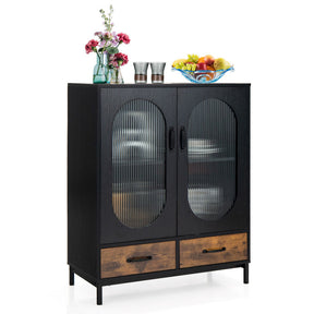 Kitchen Industrial Sideboard Buffet Cabinet with Tempered Glass Doors and Drawers