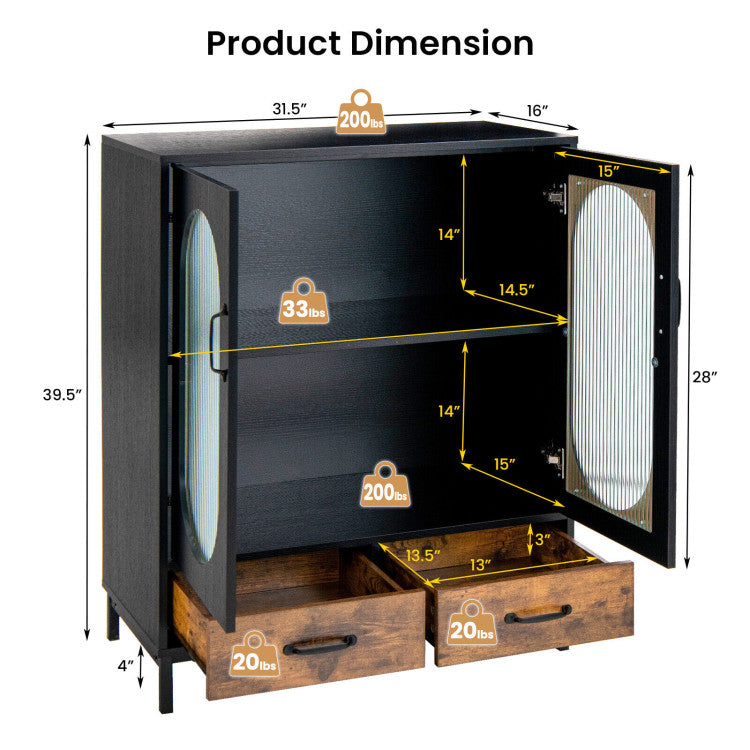 Kitchen Industrial Sideboard Buffet Cabinet with Tempered Glass Doors and Drawers