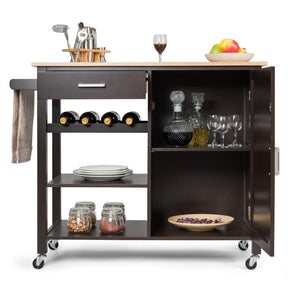 Kitchen Island Cart Rolling Wooden Trolley with 360-degree Rotating Wheels