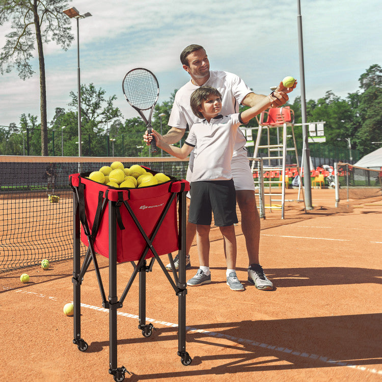 Hikidspace Lightweight Foldable Tennis Ball Teaching Cart with Wheels and Removable Bag_Red