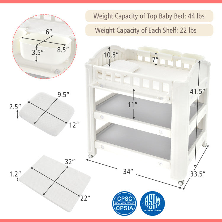 Mobile Diaper Changing Station with Storage Shelves and Wheels