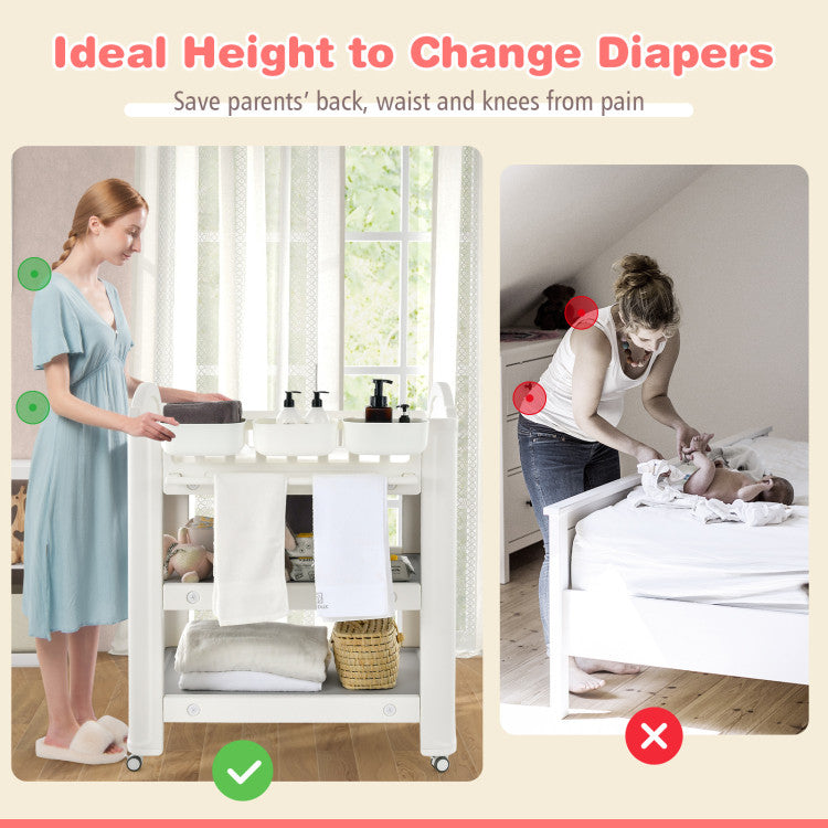 Mobile Diaper Changing Station with Storage Shelves and Wheels