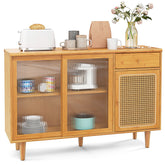 Modern Bamboo Buffet Sideboard Rattan Cabinet with Tempered Glass Sliding Doors