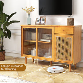 Modern Bamboo Buffet Sideboard Rattan Cabinet with Tempered Glass Sliding Doors