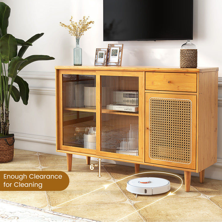 Modern Bamboo Buffet Sideboard Rattan Cabinet with Tempered Glass Sliding Doors