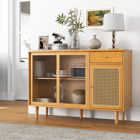 Modern Bamboo Buffet Sideboard Rattan Cabinet with Tempered Glass Sliding Doors