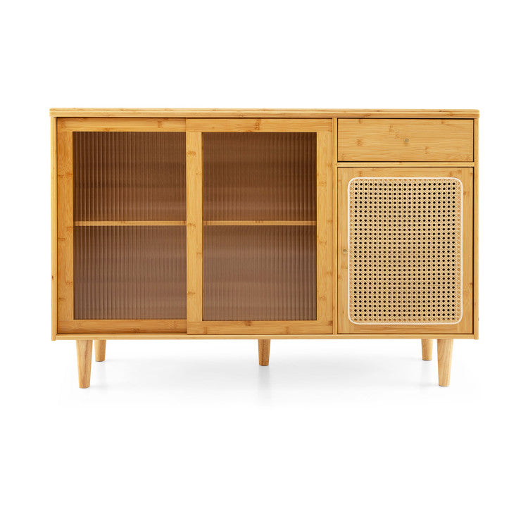 Modern Bamboo Buffet Sideboard Rattan Cabinet with Tempered Glass Sliding Doors