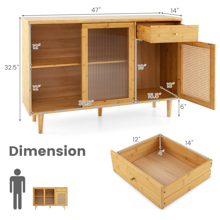 Modern Bamboo Buffet Sideboard Rattan Cabinet with Tempered Glass Sliding Doors