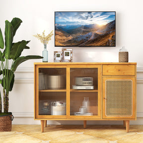 Modern Bamboo Buffet Sideboard Rattan Cabinet with Tempered Glass Sliding Doors