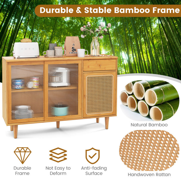 Modern Bamboo Buffet Sideboard Rattan Cabinet with Tempered Glass Sliding Doors