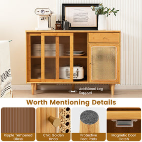 Modern Bamboo Buffet Sideboard Rattan Cabinet with Tempered Glass Sliding Doors