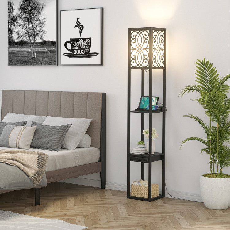 Modern Standing Shelf Floor Lamp with 1 Power Outlet and 2 USB Ports