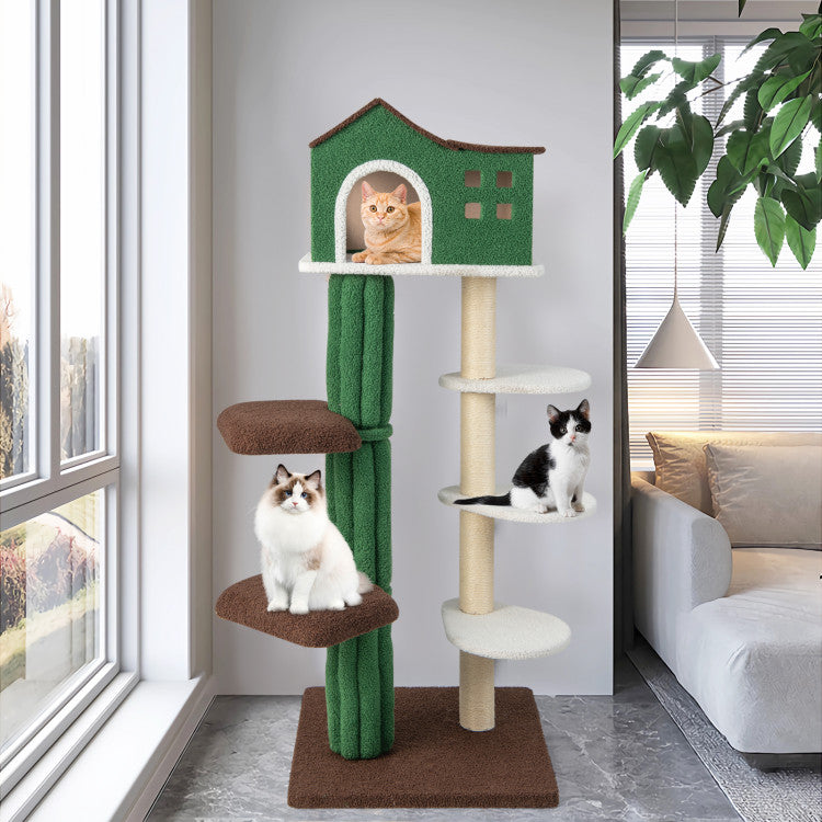 Hikidspace Multi-level Cat Tree Cat Play Center with Condo and Anti-tipping Device_Green