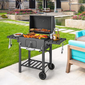 Outdoor BBQ Charcoal Grill with 2 Foldable Side Table and Wheels for Camping Party