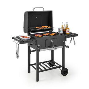 Outdoor BBQ Charcoal Grill with 2 Foldable Side Table and Wheels for Camping Party