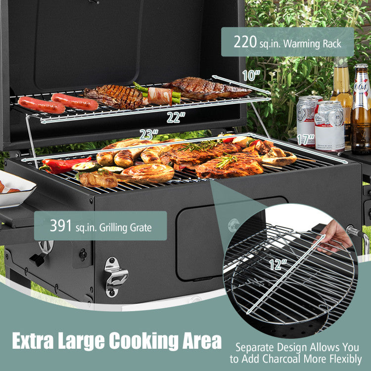 Outdoor BBQ Charcoal Grill with 2 Foldable Side Table and Wheels for Camping Party