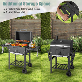 Outdoor BBQ Charcoal Grill with 2 Foldable Side Table and Wheels for Camping Party