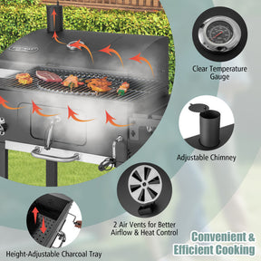 Outdoor BBQ Charcoal Grill with 2 Foldable Side Table and Wheels for Camping Party