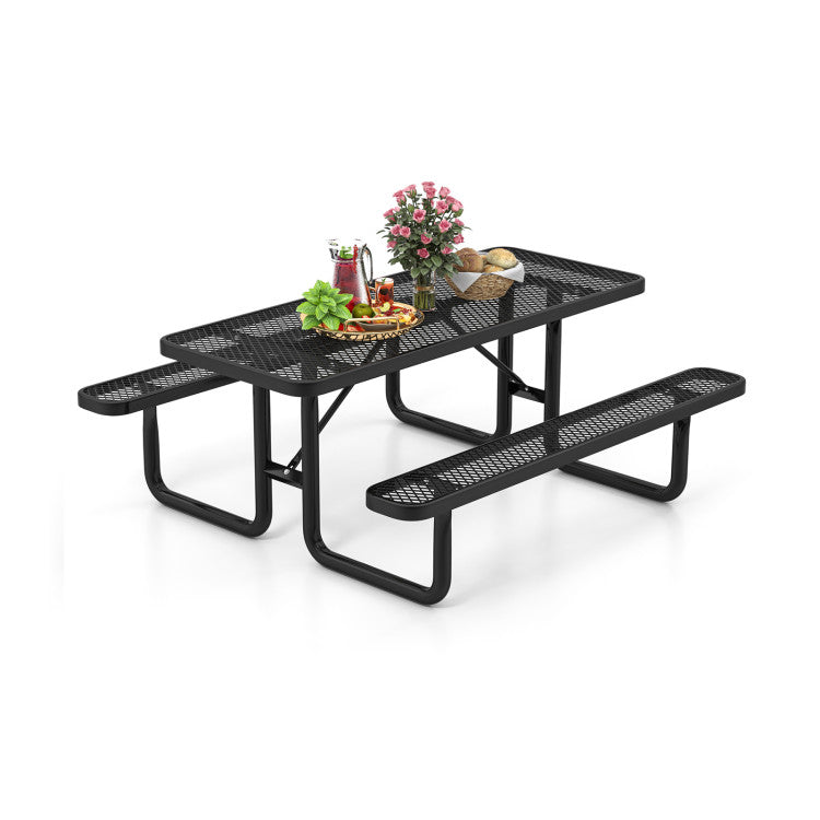 Outdoor Picnic Table and Bench Set for 8 Person with Seats and Metal Mesh Grid