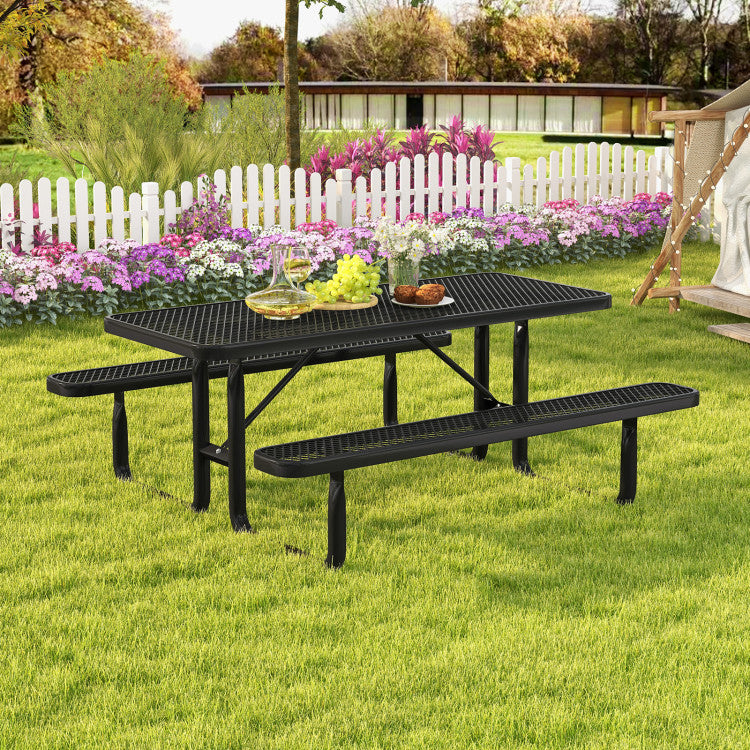 Outdoor Picnic Table and Bench Set for 8 Person with Seats and Metal Mesh Grid