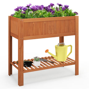 Outdoor Raised Garden Bed Fir Wood Planter Box with Bottom Storage Shelf