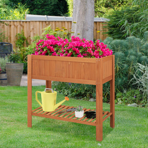 Outdoor Raised Garden Bed Fir Wood Planter Box with Bottom Storage Shelf