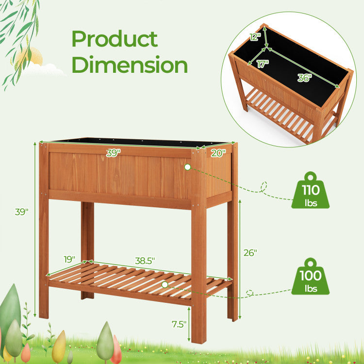 Outdoor Raised Garden Bed Fir Wood Planter Box with Bottom Storage Shelf