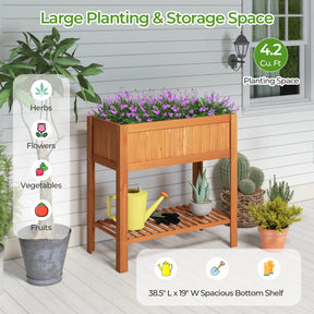 Outdoor Raised Garden Bed Fir Wood Planter Box with Bottom Storage Shelf