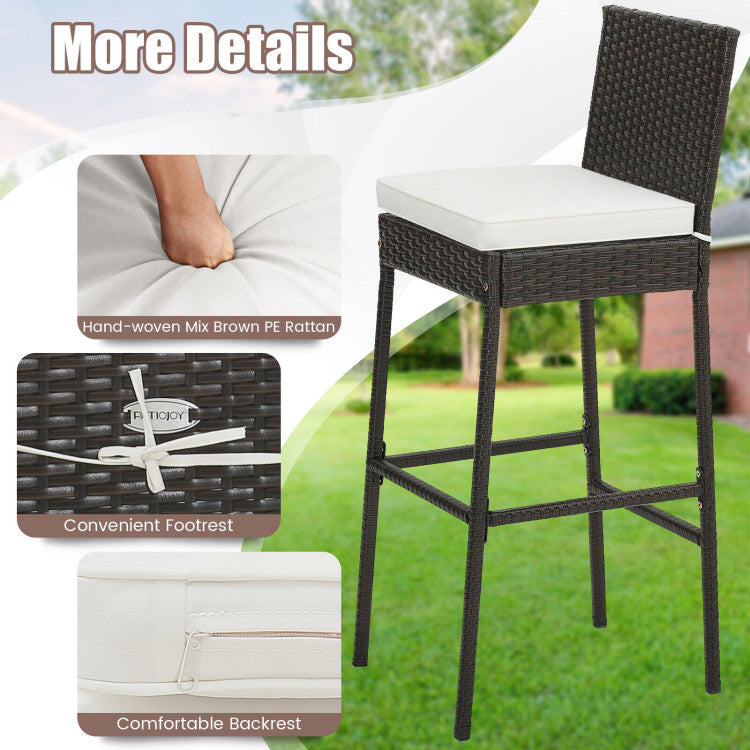 Set of 2/4 Patio Wicker Barstools with Seat Cushion and Footrest for Poolside, Backyard, and Balcony