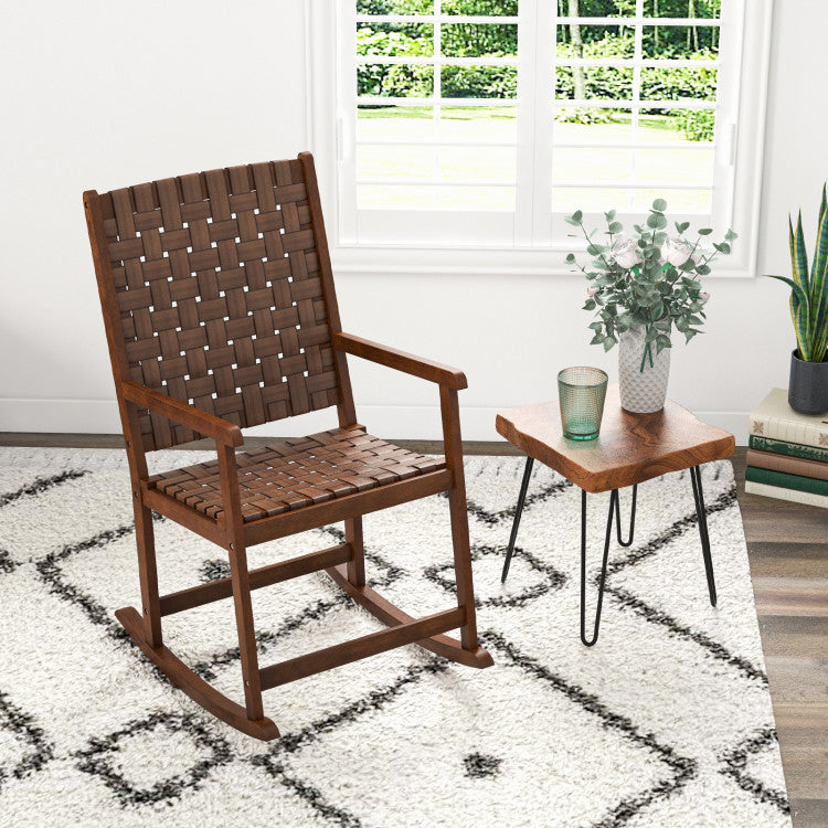 Patio Wood Rocking Chair with PU Seat and Rubber Wood Frame for Indoor and Outdoor