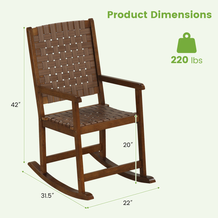 Patio Wood Rocking Chair with PU Seat and Rubber Wood Frame for Indoor and Outdoor