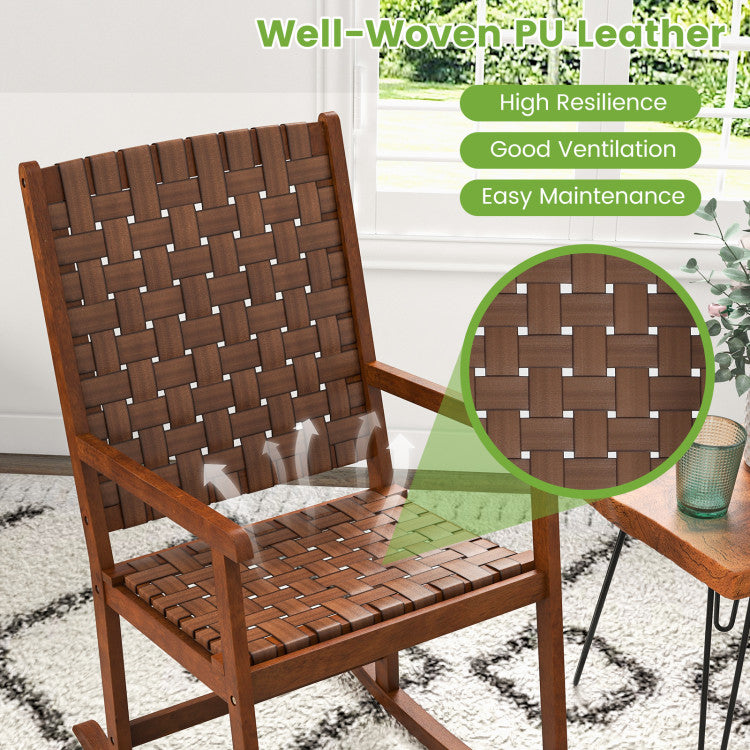 Patio Wood Rocking Chair with PU Seat and Rubber Wood Frame for Indoor and Outdoor