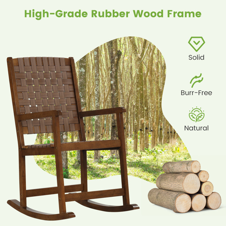 Patio Wood Rocking Chair with PU Seat and Rubber Wood Frame for Indoor and Outdoor