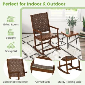 Patio Wood Rocking Chair with PU Seat and Rubber Wood Frame for Indoor and Outdoor