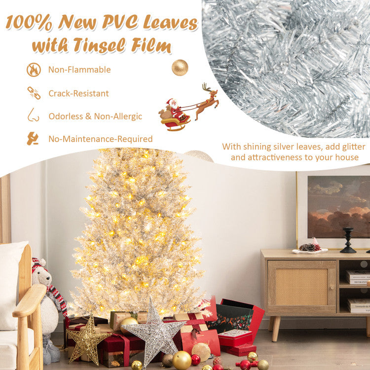 6/7 Feet Pre-Lit Artificial Silver Tinsel Xmas Tree with 790 Branch Tips and 300 LED Lights