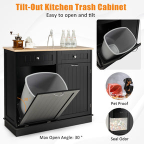 Hikidspace Rubber Wood Sideboards Kitchen Trash Cabinet with Single Trash Can Holder and Adjustable Shelf_Black