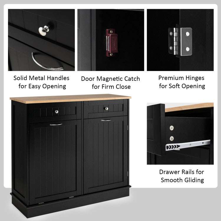 Hikidspace Rubber Wood Sideboards Kitchen Trash Cabinet with Single Trash Can Holder and Adjustable Shelf_Black