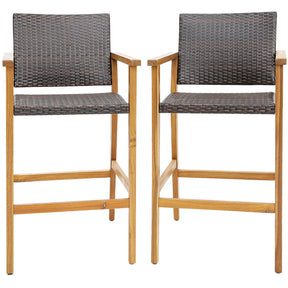 Set of 2 PE Wicker Patio Bar Chairs Bar Stools with Acacia Wood Armrests