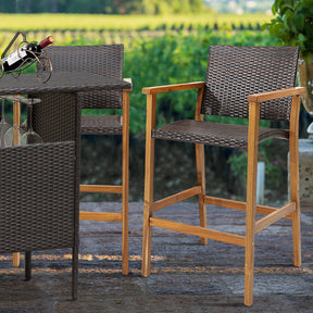 Set of 2 PE Wicker Patio Bar Chairs Bar Stools with Acacia Wood Armrests