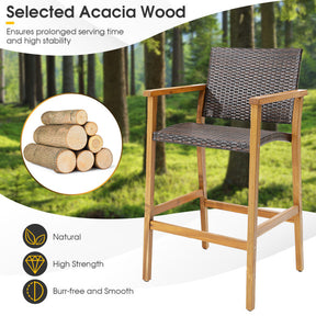 Set of 2 PE Wicker Patio Bar Chairs Bar Stools with Acacia Wood Armrests